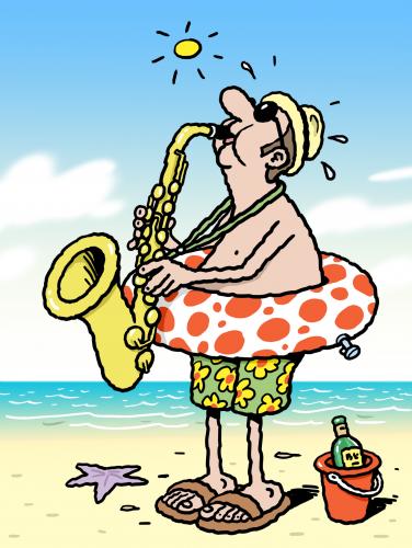 Cartoon: Sax on the beach (medium) by Ellis Nadler tagged beach,sea,sand,sun,music,jazz,saxaphone,blow,brass,ring,polka,dots,shorts,bucket,beer,hat,hot,holiday,vacation