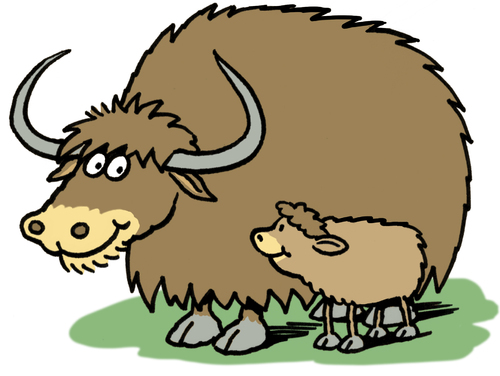 Cartoon: Yaks (medium) by Ellis Nadler tagged yak,cow,calf,cattle,mother,baby,hairy,animal,horns,smile
