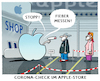 Cartoon: Apple.. (small) by markus-grolik tagged corona,apple,kunden,temperaturmessung,fieber,datenschutz,fiebermessung,pandemie,vorsorge,store,laden,anstehen,ansteckung