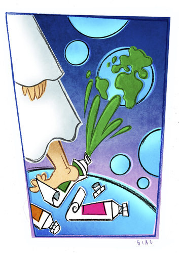 Cartoon: The creation (medium) by Giacomo tagged creation,god,universe,big,bang,planets,colors,kick,tempera,green,giacomo,cardelli
