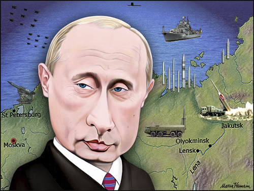 Cartoon: Putin. (medium) by Maria Hamrin tagged bear,map,nuclear,war,crimera,ukraine,mogherini,ashton,kerry,medvedev,yeltsin,kgb,moscow,leningrad,leader,chief,caricature
