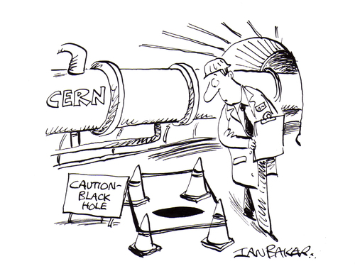 Cartoon: large hadron collider (medium) by Ian Baker tagged cern,science,physics,space,scientists,ian,baker,gag,cartoon,comedy,humour,humor,black,hole,danger,underground