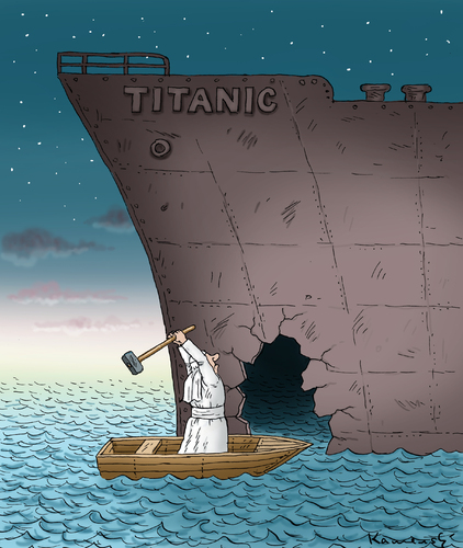 Cartoon: Auge um Auge Leck um Leck (medium) by marian kamensky tagged titanic,satire,papst,auge,um,leck,papst,titanic