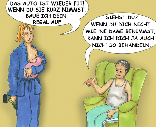 Cartoon: Blaufrau (medium) by SoRei tagged rollenverteilung,paar,baby,bohrmaschine,waschlappen,emanze,blaumann,handwerk