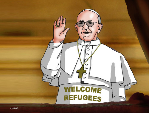 Cartoon: papwelcome (medium) by Lubomir Kotrha tagged refugees,europe,afrika,germany,merkel,world,papst,pope