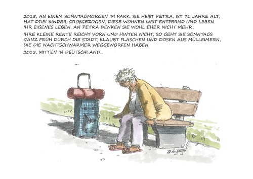 Cartoon: 2015 mitten in Deustchland (medium) by Jori Niggemeyer tagged rente,armut,altersarmut,gesellschaft,familie,allein,einsamkeit,wut,sinnlos,frau,obdachlos,niggemeyer,joricartoon,cartoon,karikatur