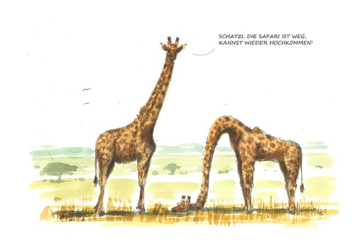 Cartoon: Schatzi... (medium) by Jori Niggemeyer tagged safari,giraffe,afrika,tiere,fürsorge,angst,vorsicht,verstecken,schutz,niggemeyer,joricartoon,cartoon