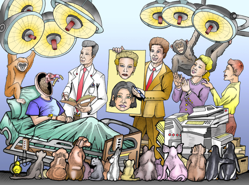 Cartoon: Viewers of the change (medium) by javierhammad tagged operation,surgery,doctor,animals,change,mask,face,hospital,sanitary,medical,operation,surgery,doctor,animals,change,mask,face,hospital,sanitary,medical