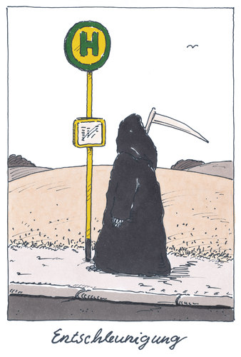 Cartoon: entschleunigung (medium) by Andreas Prüstel tagged tod,zeit,halt,haltestelle,alter,entschleunigung,tod,zeit,halt,haltestelle,alter,entschleunigung,bus,sterben,existenz,leben