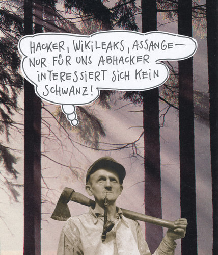 Cartoon: o.t. (medium) by Andreas Prüstel tagged holzfäller,waldarbeiter,assange,wikileaks,hacker