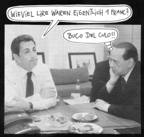 Cartoon: wehmut (medium) by Andreas Prüstel tagged finanzkrise,euro,lira,franc,berlusconi,sarkozy