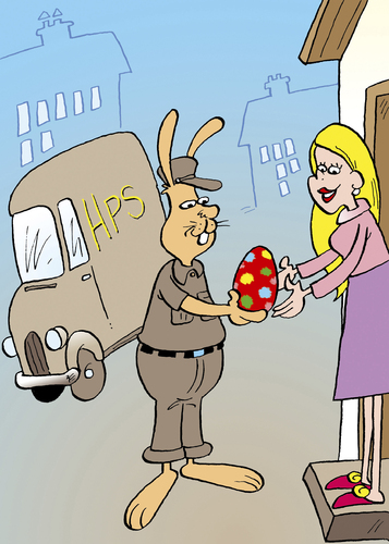 Cartoon: Osterhase (medium) by astaltoons tagged ostern,osterhase,zusteller,paketdienst,auto,ei,eier,bunt,geschenk,frau