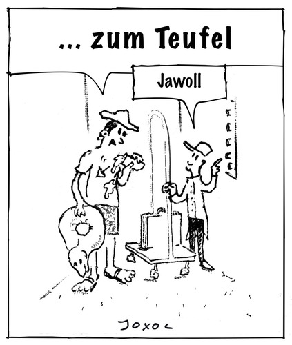 Cartoon: Zum Teufel ... (medium) by joxol tagged kirche,himmel,hölle,aufzug,lift,liftboy,hotel,tourist