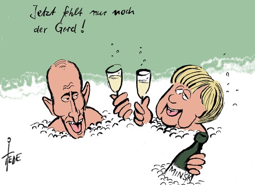 Cartoon: Putin und Merkel (medium) by tiede tagged gazprom,schröder,gerd,poroschenko,hollande,ukraine,minsk,merkel,putin,putin,merkel,minsk,ukraine,hollande,poroschenko,gerd,schröder,gazprom