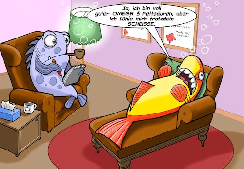 Cartoon: Fisch beim Psychiater (medium) by Chris Berger tagged omega,fettsäure,fisch,psychologe,psychiater,omega,fettsäure,fisch,psychologe,psychiater