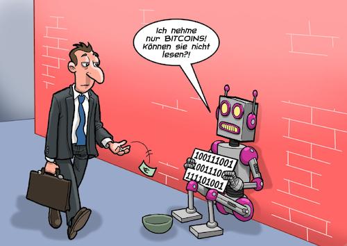 Cartoon: Gestrauchelter Roboter (medium) by Chris Berger tagged roboter,computer,sprache,bitcoin,bettler,betteln,roboter,computer,sprache,bitcoin,bettler,betteln