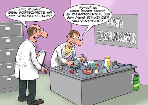 Cartoon: Wahrheitsserum (medium) by Chris Berger tagged labor,forschung,chemielaboranten,wahrheitsserum,labor,forschung,chemielaboranten,wahrheitsserum
