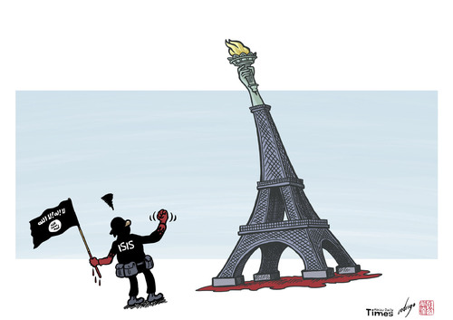 Cartoon: Parisis (medium) by rodrigo tagged paris,isis,islamic,state,syria,iraq,terror,attacks,bombs,war,eiffel,tower