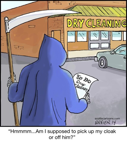Cartoon: Confused Death (medium) by noodles tagged death,grim,reaper,dry,cleaning,to,do,list