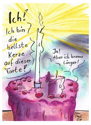 Cartoon: Ein strahlendes Beispiel (medium) by TomPauLeser tagged kerze,torte,hell,hellste,wachs,docht,strahlen,leuchten,strahlendes,beispiel