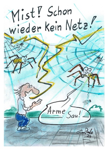 Cartoon: Netzbetreiber (medium) by TomPauLeser tagged netz,netzbetreiber,vernetzung,spinne,spinnennetzt,handy,handyempfang,wlan,g5,g4,g3,fliegen