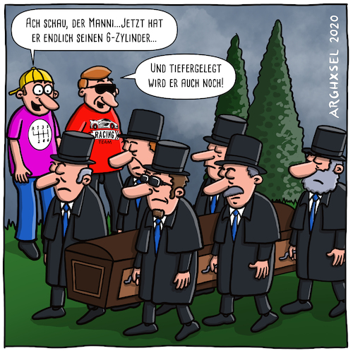 Cartoon: 6-Zylinder Beerdigung (medium) by Arghxsel tagged 6zylinder,beerdigung,sarg,grab,racer,rennen,sportwagen,fans,auto,pkw,kfz,männer
