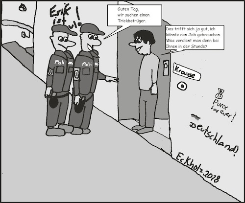 Cartoon: Trickbetrüger gesucht... (medium) by Sven1978 tagged trickbetrüger,polizei,betrüger,betrug,männern,kriminalität,delikt,räuber,gendarm