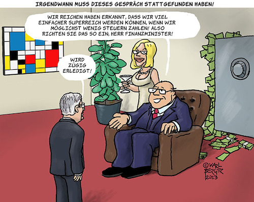 Cartoon: Erkenntnis (medium) by Karl Berger tagged reiche,kapital,steuern,politiker,finanzminister,superreich,hierarchie