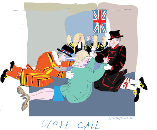Cartoon: Close call (medium) by gungor tagged uk,uk,brexit,beefeater,lord,union,jack,parliament,may,theresa,deal,prime,minister theresa,defeat,british,parliement,tories,labour,lords,minister