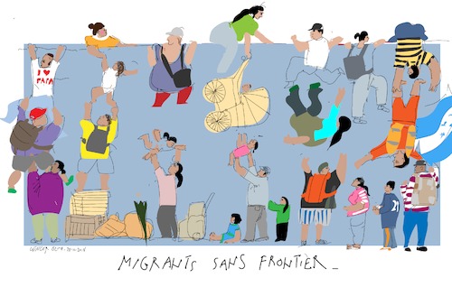 Cartoon: Migrants sans frontier B (medium) by gungor tagged usa,usa,migranten,vielfalt,mann,frau,kind,bunt,grenze,mexico