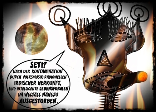 Cartoon: SETI (medium) by Vanessa tagged seti,forschung,deutsch,weltall,schlager,volksmusik,kontamination,radio,wellen,evolution