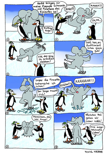 Cartoon: Winter-Comic (medium) by Pascal Kirchmair tagged elefant,pinguins,penguins,dancing,ice,nordpol,north,pole,nord,eislaufen,skating,pinguine,eistanzen,eisloch,hole,arktis,arctic,sea,meer