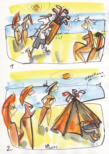Cartoon: BEACH HAPPENING (medium) by Kestutis tagged adventure,happening,beach,sleep,golf,man,woman