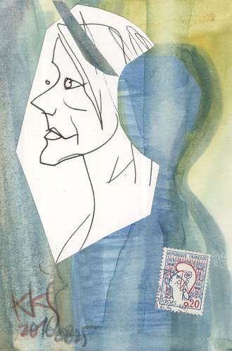 Cartoon: Listening to Edith Piaf (medium) by Kestutis tagged dada,postcard,listening,music,song,france,edith,piaf,sketch,kestutis,lithuania