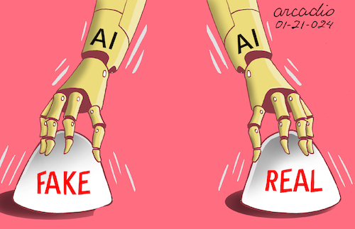 Cartoon: Real or false. (medium) by Cartoonarcadio tagged democracy,ai,fake,news
