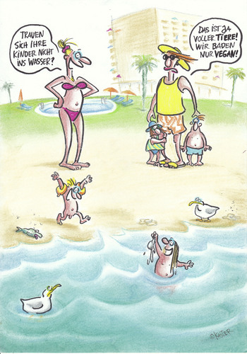 Cartoon: wasserscheu (medium) by Petra Kaster tagged urlaubmeer,veganer,essen,tiere,gesundheit,eltern,kinder,urlaubmeer,veganer,essen,tiere,gesundheit,eltern,kinder