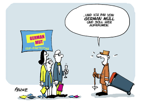 Cartoon: German Mut der FDP (medium) by FEICKE tagged fdp,liberale,freie,demokraten,partei,parteitag,lindner,kubicki,suding,wahl,german,mut,angst,fdp,liberale,freie,demokraten,partei,parteitag,lindner,kubicki,suding,wahl,german,mut,angst
