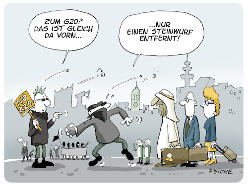 Cartoon: Höfliche Hanseaten (medium) by FEICKE tagged gipfel,g20,hamburg,demo,protest,hilfe,verbot,vandalismus,polizei,trump,gipfel,g20,hamburg,demo,protest,hilfe,verbot,vandalismus,polizei,trump