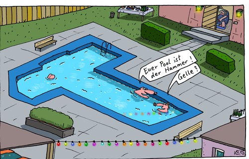 Cartoon: Begeisterung (medium) by Leichnam tagged begeisterung,wasser,planschen,pool,vorgarten,am,haus,gelle,lichterkette,herrlich,erfrischung,freunde,begeistert,ärschel,duschschabracke