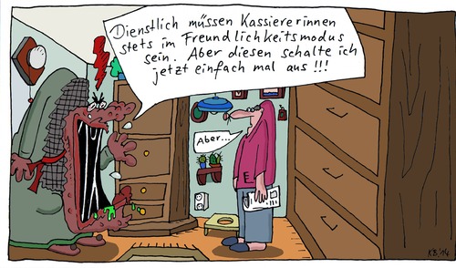 Cartoon: Dienstlich (medium) by Leichnam tagged dienstlich,schabracke,kassiererin,freundlich,modus,ausschalten,ehe,wut,hass