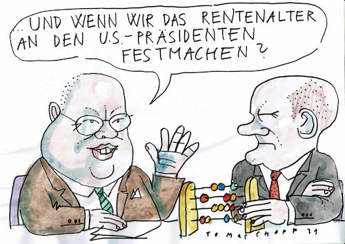 Cartoon: Rentenalter (medium) by Jan Tomaschoff tagged rentanalter,demografie,biden,trump,rentanalter,demografie,biden,trump
