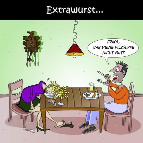 Cartoon: Extrawurst (medium) by Tricomix tagged essen,pilzsuppe,ehefrau,frau,tod,vergiftet,nicht,bekömmlich