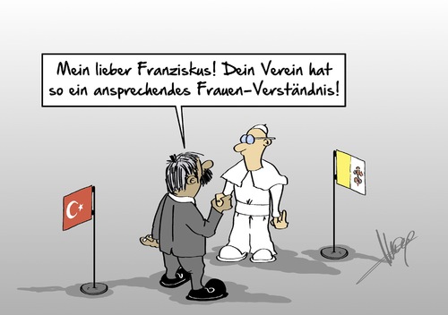 Cartoon: Frauenverständnis (medium) by Marcus Gottfried tagged papst,frauenverständnis,gleichberechtigung,kirche,türkei,erdogan,frau,mann,gleichstellung,rolle,staatsbesuch,vatikan,glaube,katholisch,islam,vorstellung,einstellung,franziskus,ministerpräsident,verein,club,respekt,ansprechend,marcus,gottfried,cartoon,karikatur,papst,frauenverständnis,gleichberechtigung,kirche,türkei,erdogan,frau,mann,gleichstellung,rolle,staatsbesuch,vatikan,glaube,katholisch,islam,vorstellung,einstellung,franziskus,ministerpräsident,verein,club,respekt,ansprechend,marcus,gottfried,cartoon,karikatur