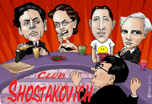 Cartoon: Club Shostakovich (medium) by frostyhut tagged glass,boulanger,stravinsky,bartok,shostakovich,classical,music,bar,olives,drinks,beer,conductor,composer