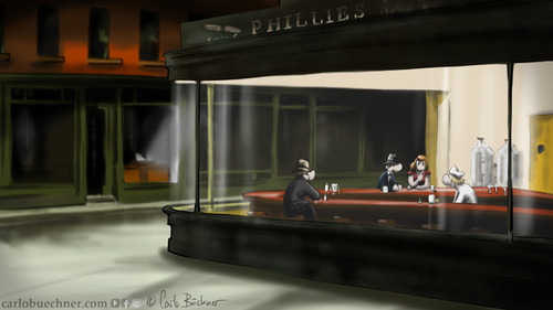 Cartoon: Nighthawks (medium) by Carlo Büchner tagged nighthawks,edward,hopper,1942,2014,carlo,büchner,arts,ray,parodie,hommage,nacht,falke,schwärmer,bar,cafe,kaffee