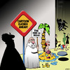 Cartoon: Cliches (small) by toons tagged cartoon,characters,cliches,signposts,caution,signs,desert,island,falling,piano