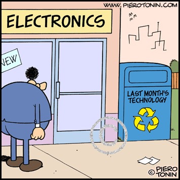 Cartoon: Recycling (medium) by Piero Tonin tagged piero,tonin,recycling,recycle,technology,computer,computers,marketing,business,digital,consumerism,mass,consumption