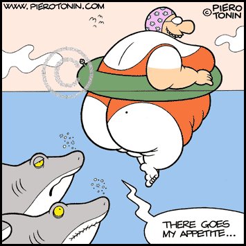 Cartoon: Sharks (medium) by Piero Tonin tagged shark,sharks,animal,fat,old,older,woman,women,appetite,sea,ocean,bathing,suit,ugly,ugliness,weight,dieting