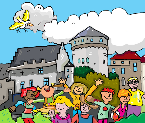 Cartoon: Burg Kinder (medium) by sabine voigt tagged burg,kinder,aachen,stollwerk,ferien,freizeit,gruppe,reisen,schule,museum,sehenswürdigkeit,ritter