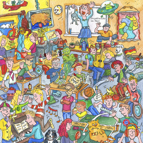 Cartoon: Wimmelbild Schule (medium) by sabine voigt tagged wimmelbild,schule,klasse,unterricht,klassenzimmer,deutschland,deutsch